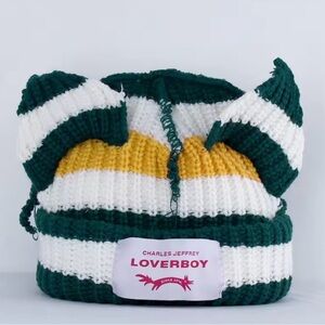 Striped Kids Beanie - Green, White, Yellow